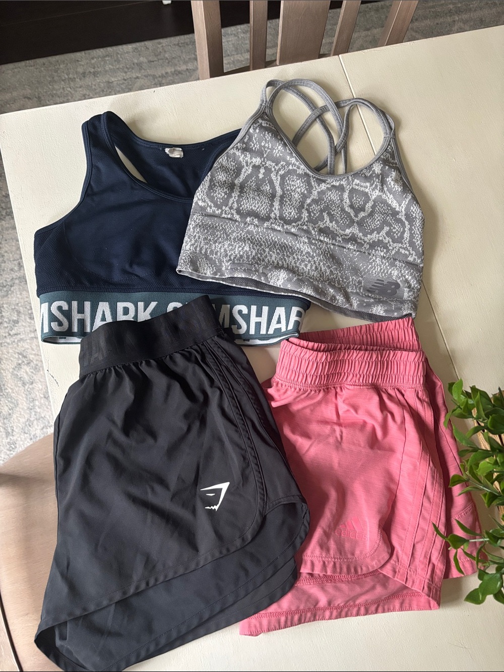 Gymshark Navy Sports Bra, Gray Patterned Bikini Top & Pink Shorts Set